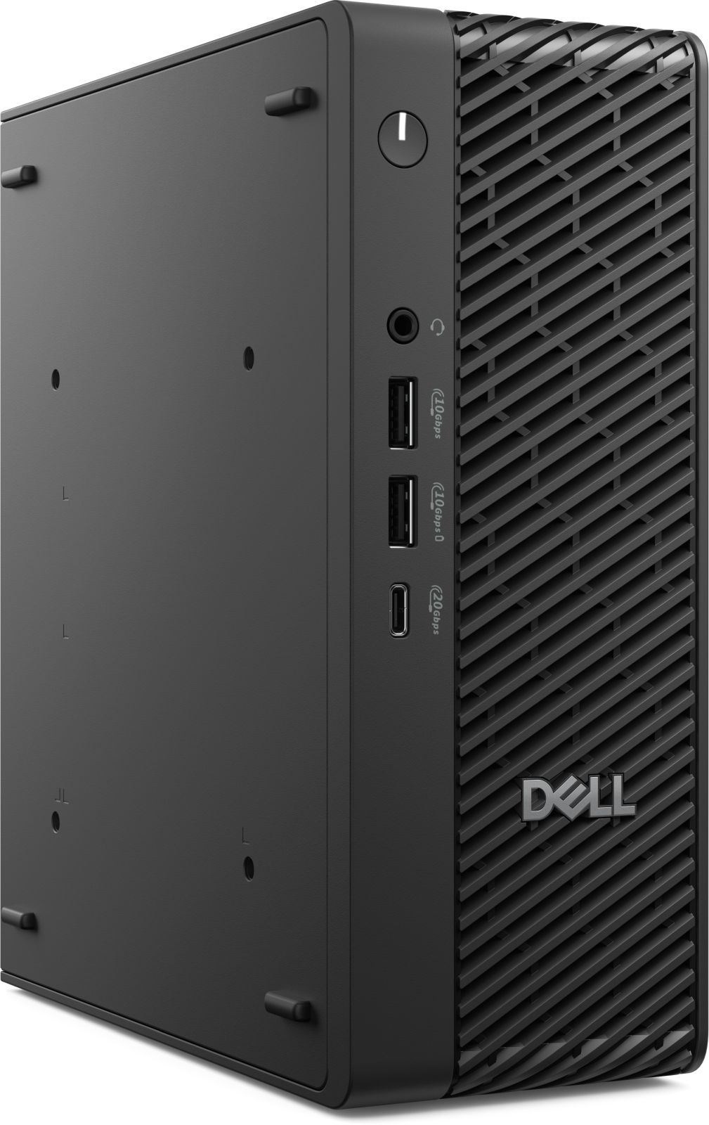 Tower computer desktop Dell nero con porte e ventilazione.