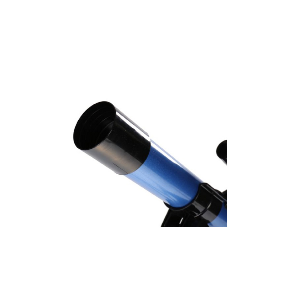 Blauwe telescoopbuis met zwarte voorkant, op witte achtergrond.