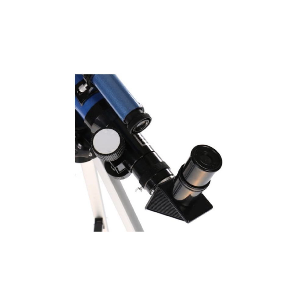 Close-up van een blauwe telescoop met een zoeker en een oculair.