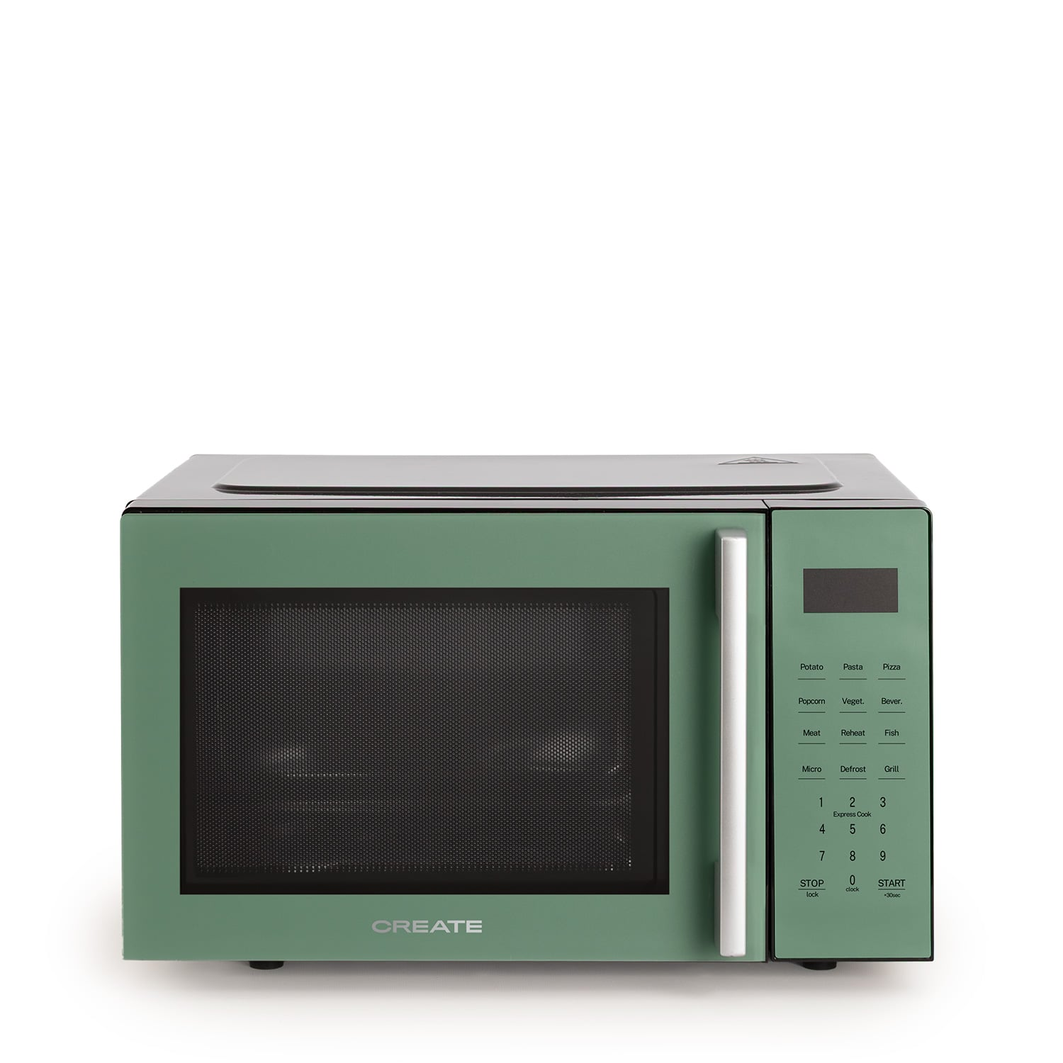 Un microondas CREATE verde con pantalla digital y botones.