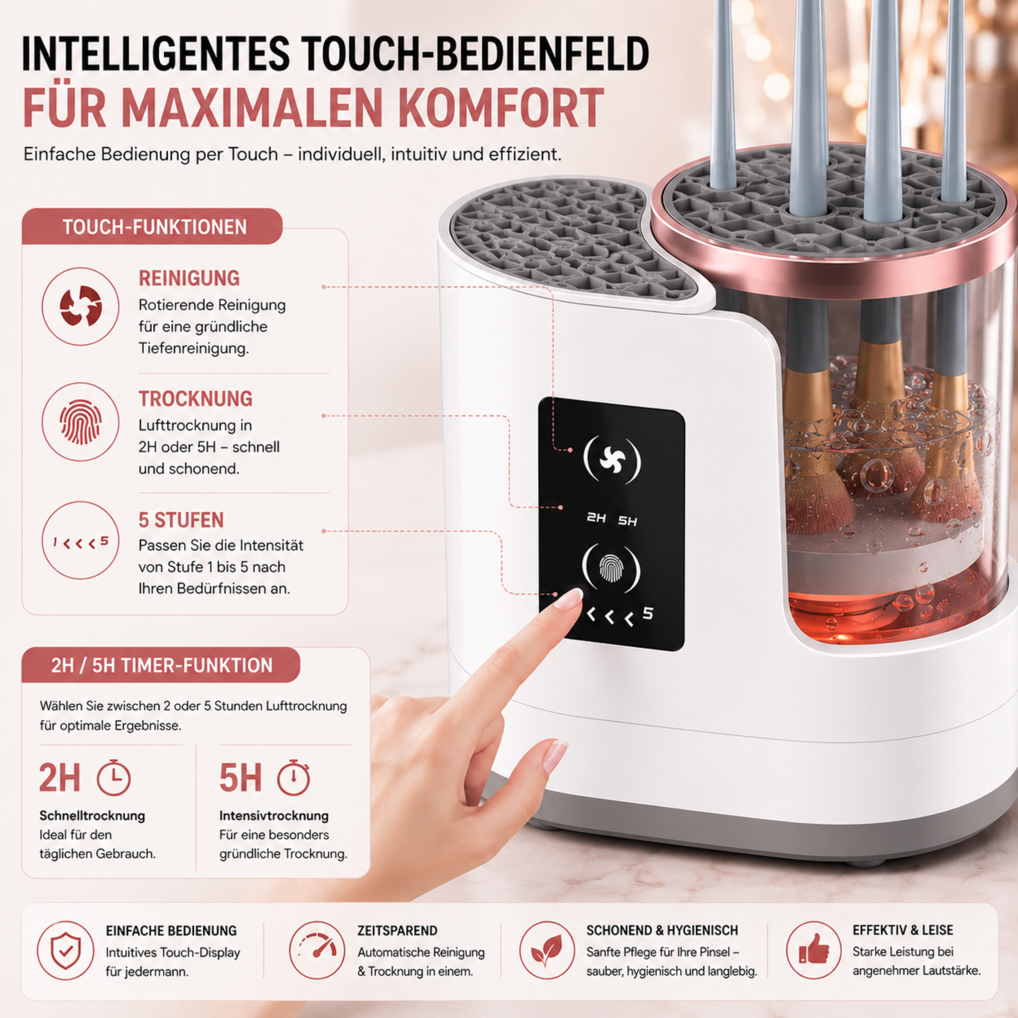Ein intelligentes Touch-Bedienfeld für Make-up-Pinsel: Reinigung, Trocknung & Timer-Funktionen.