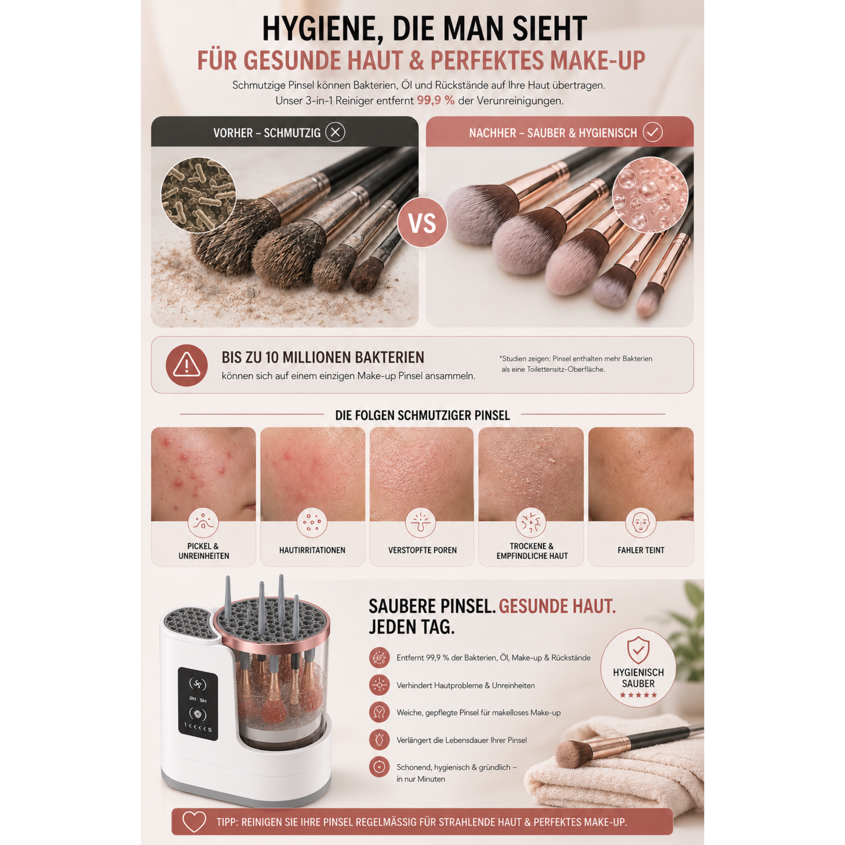 Vorher-Nachher-Vergleich von Make-up-Pinseln und deren Auswirkungen auf die Haut.