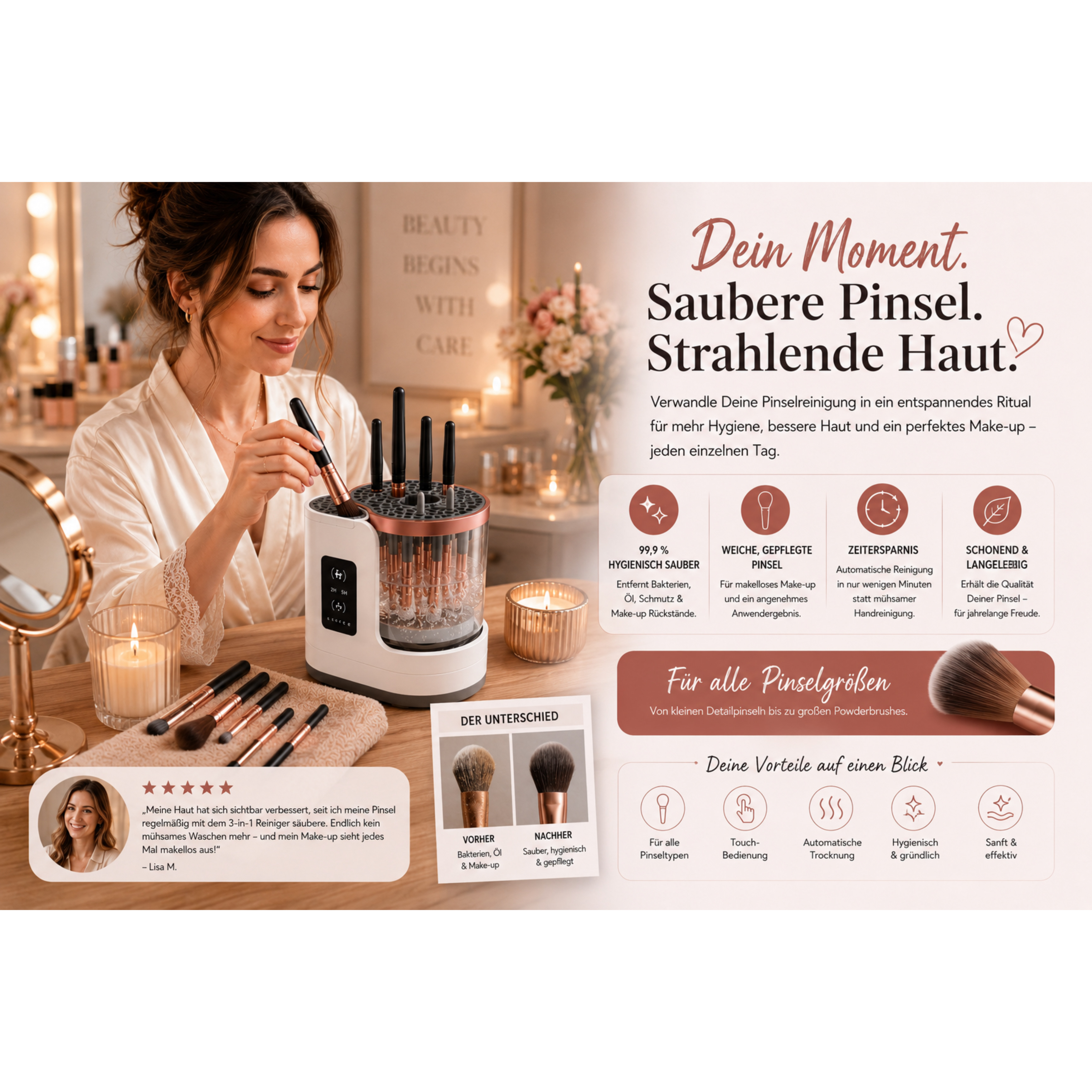 Eine Frau reinigt Make-up-Pinsel in einem automatischen Reiniger, mit Kerze und Blumen.