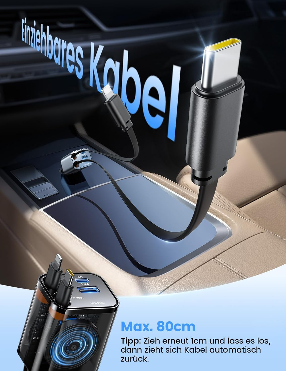 Einziehbarer USB-C-Ladeadapter für Autos mit 80cm Kabel und zwei USB-Anschlüssen.