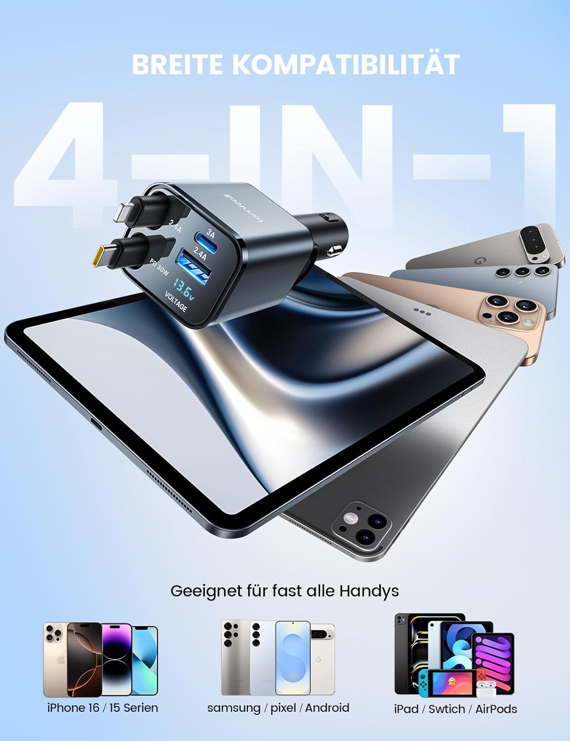 Ein 4-in-1 Ladegerät steckt in einem Tablet. Mehrere Handys sind zu sehen.