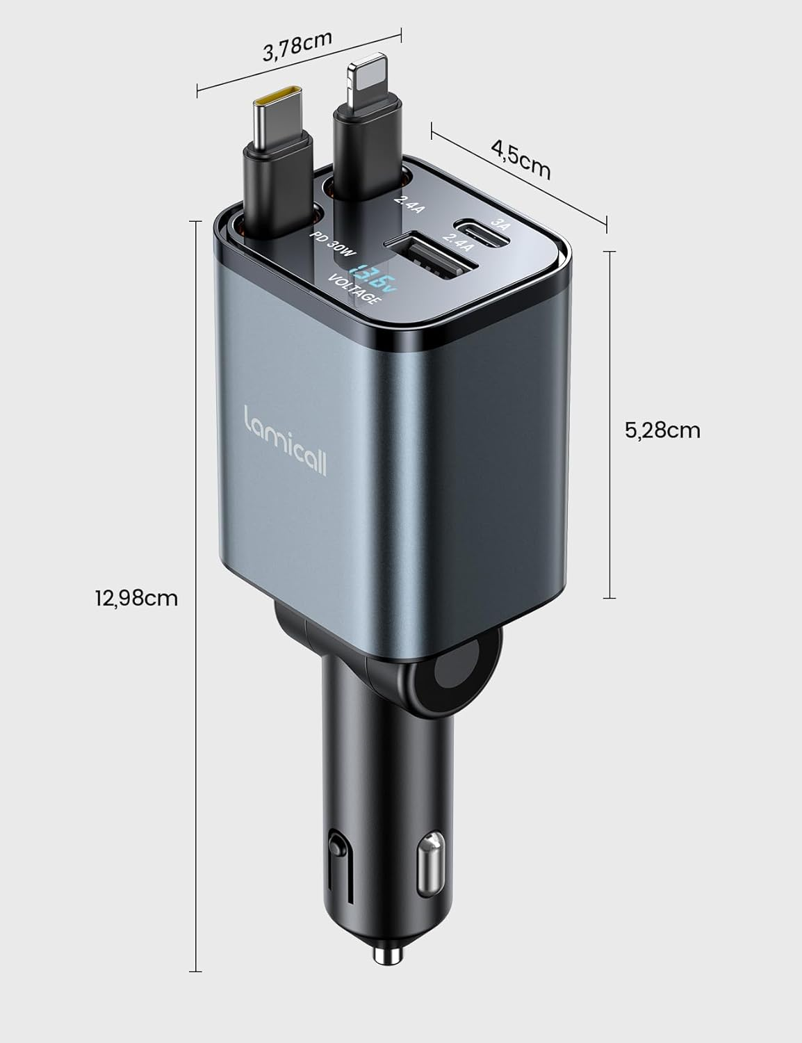 Grauer Ladeadapter mit zwei USB-Anschlüssen, einem USB-C und einem Lightning-Kabel.