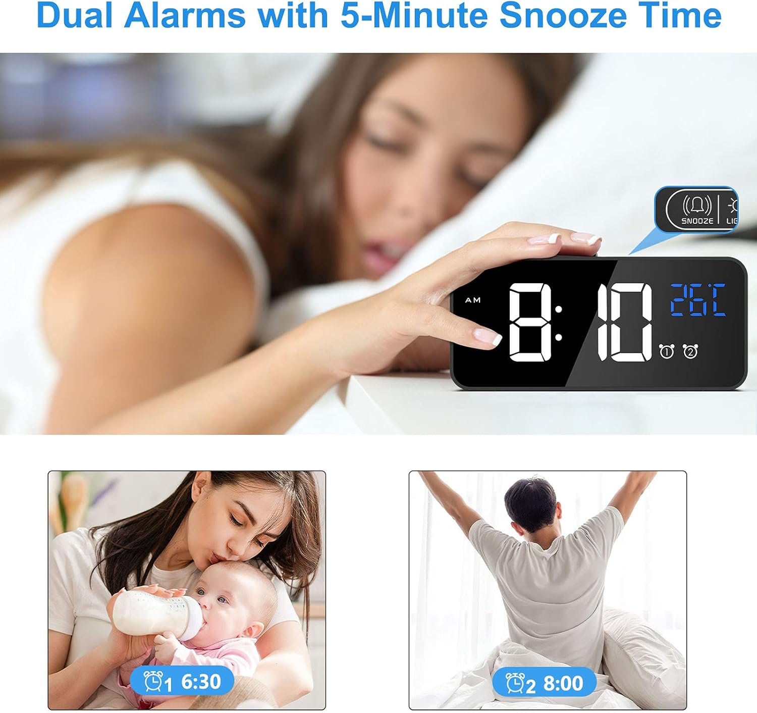 Digitaluhr zeigt 8:10 Uhr. Seitenbilder: Mutter füttert Baby, Mann streckt sich im Bett.