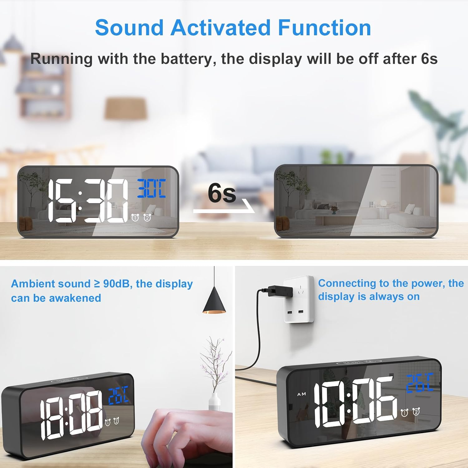 Digitaler Wecker zeigt 15:30 und 30C an, Display schaltet sich nach 6s ab.