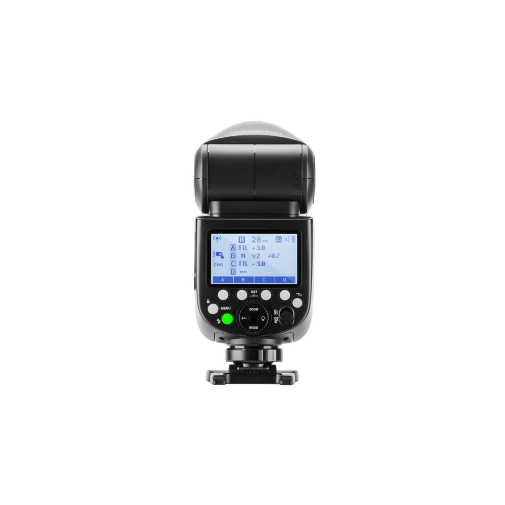 Zwarte cameraflitser met LCD-scherm dat instellingen toont.