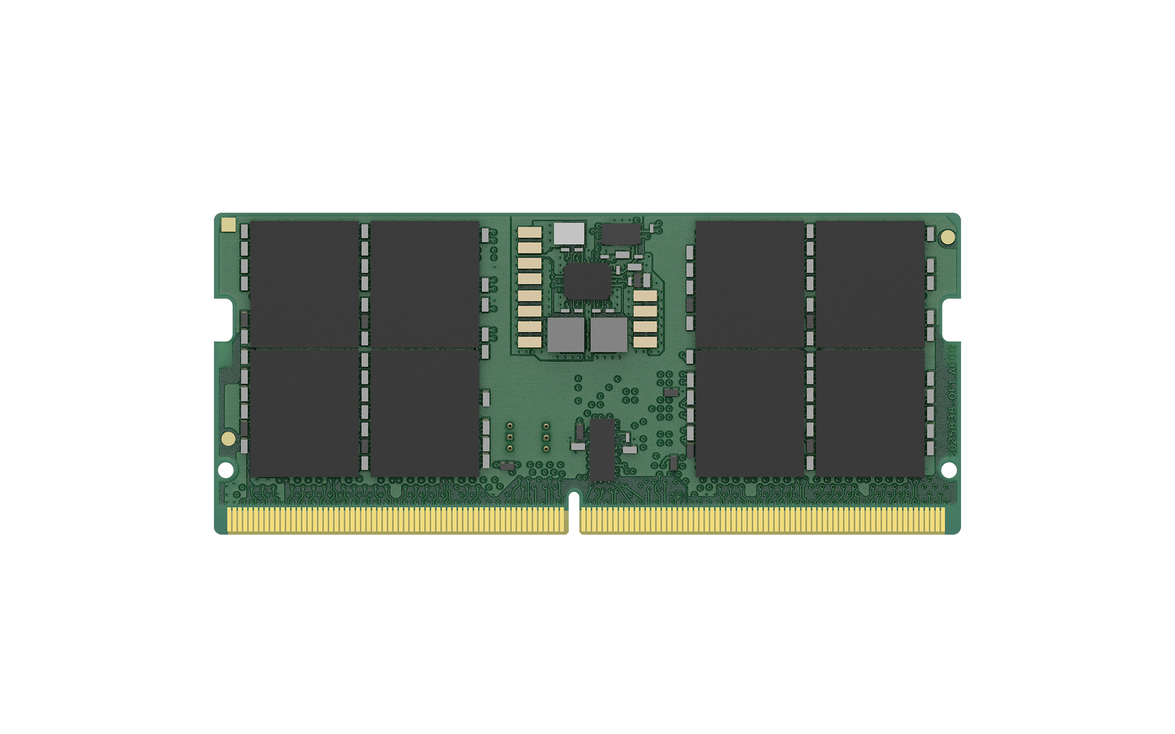 Modulo RAM verde con chip di memoria neri e connettore dorato.