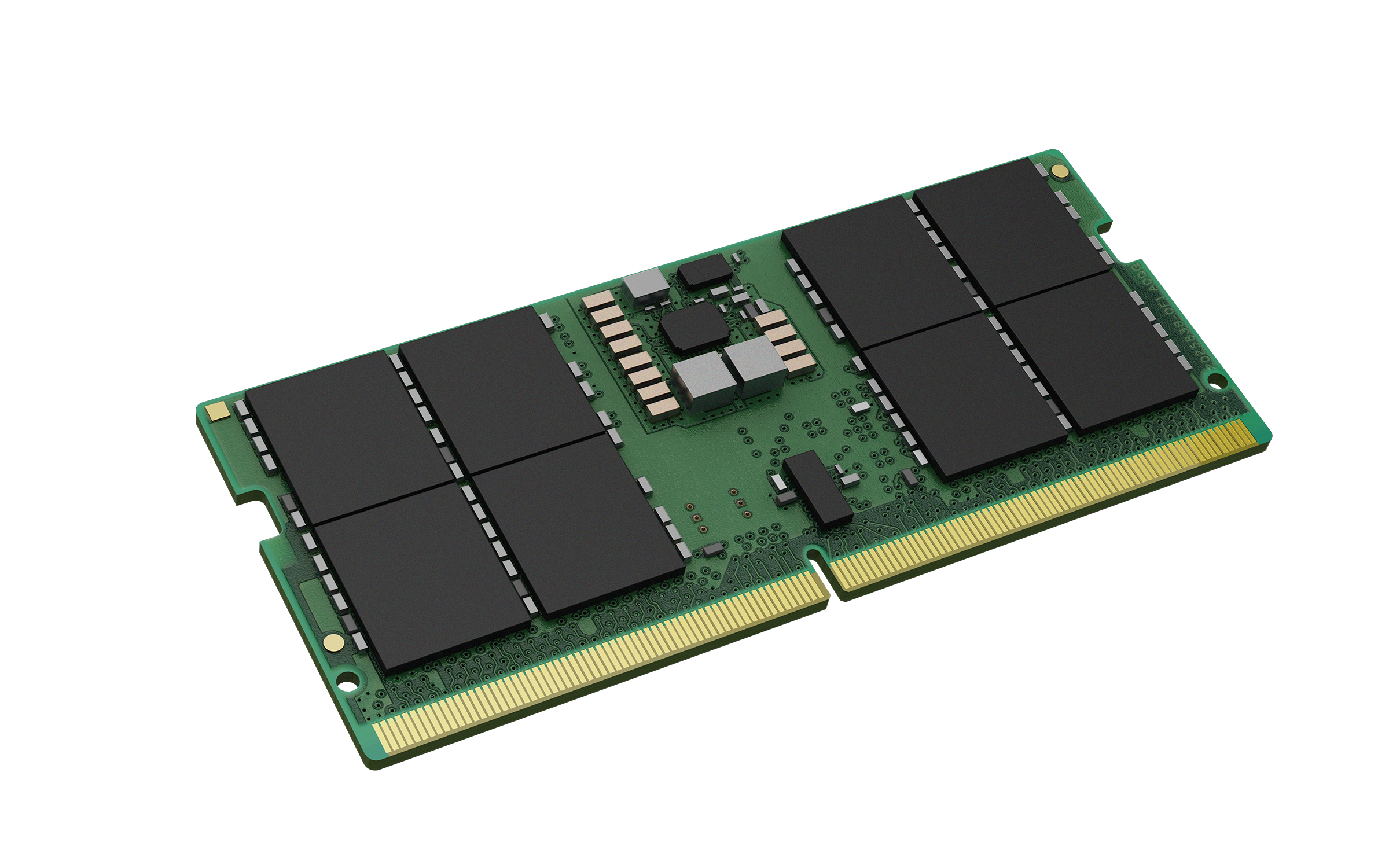 Un modulo RAM verde con chip neri e contatti dorati su sfondo bianco.