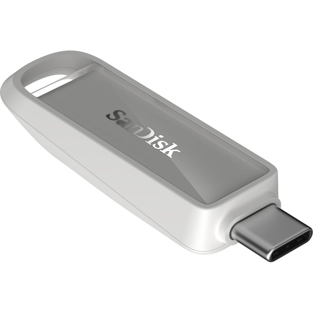 Weier SanDisk USB-C-Speicherstick mit silbernem Anschluss und grauer Oberseite.