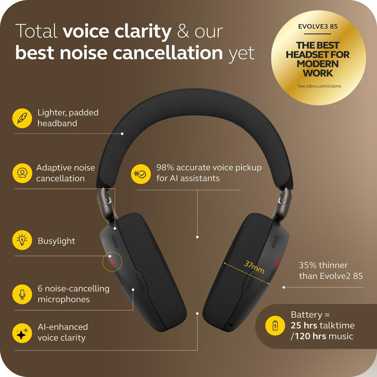 Casque Jabra Evolve3 85 noir avec serre-tête rembourré et microphone.