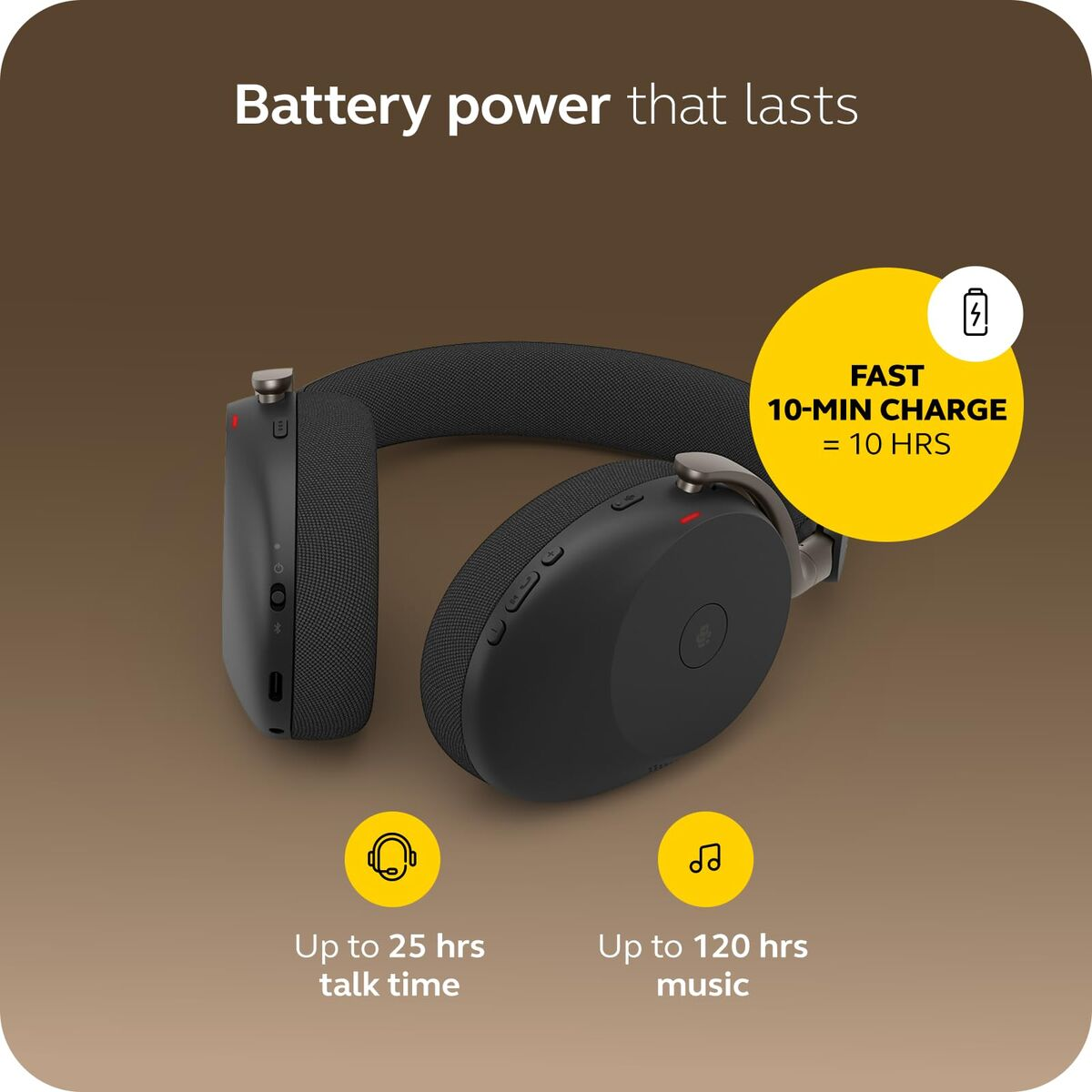 Casque noir avec informations sur la batterie. Charge rapide.