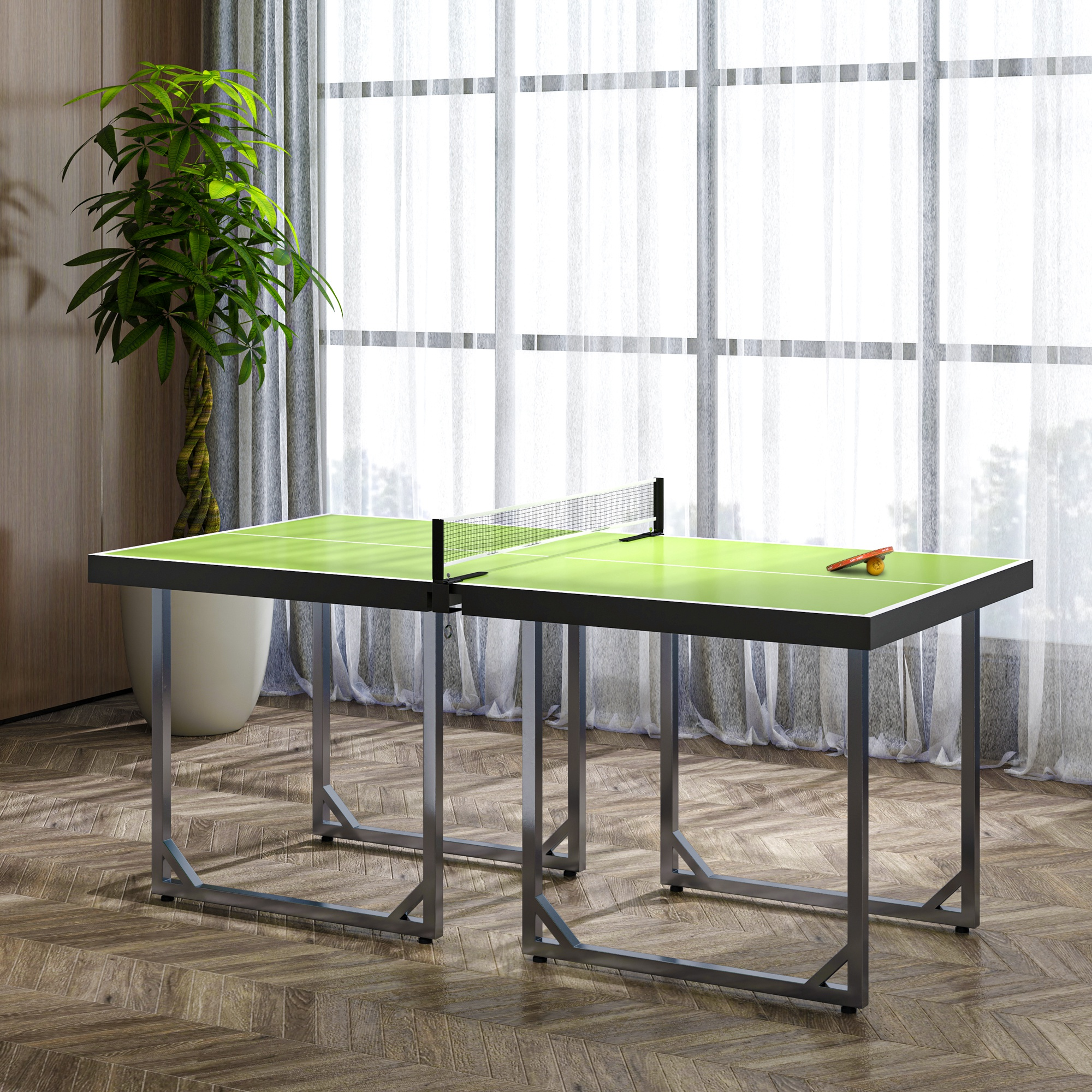 Una mesa de ping-pong con superficie verde y red, una pala y una pelota.