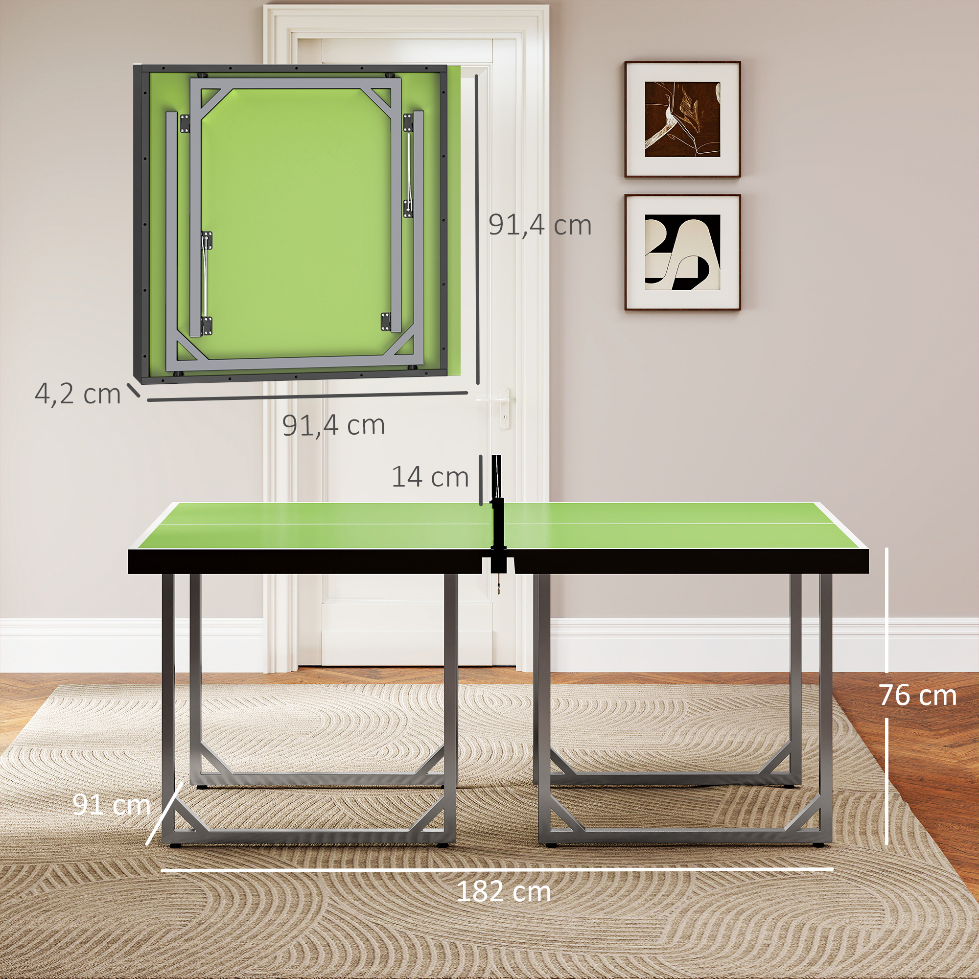 Mesa de ping pong verde con patas de metal, medidas mostradas.