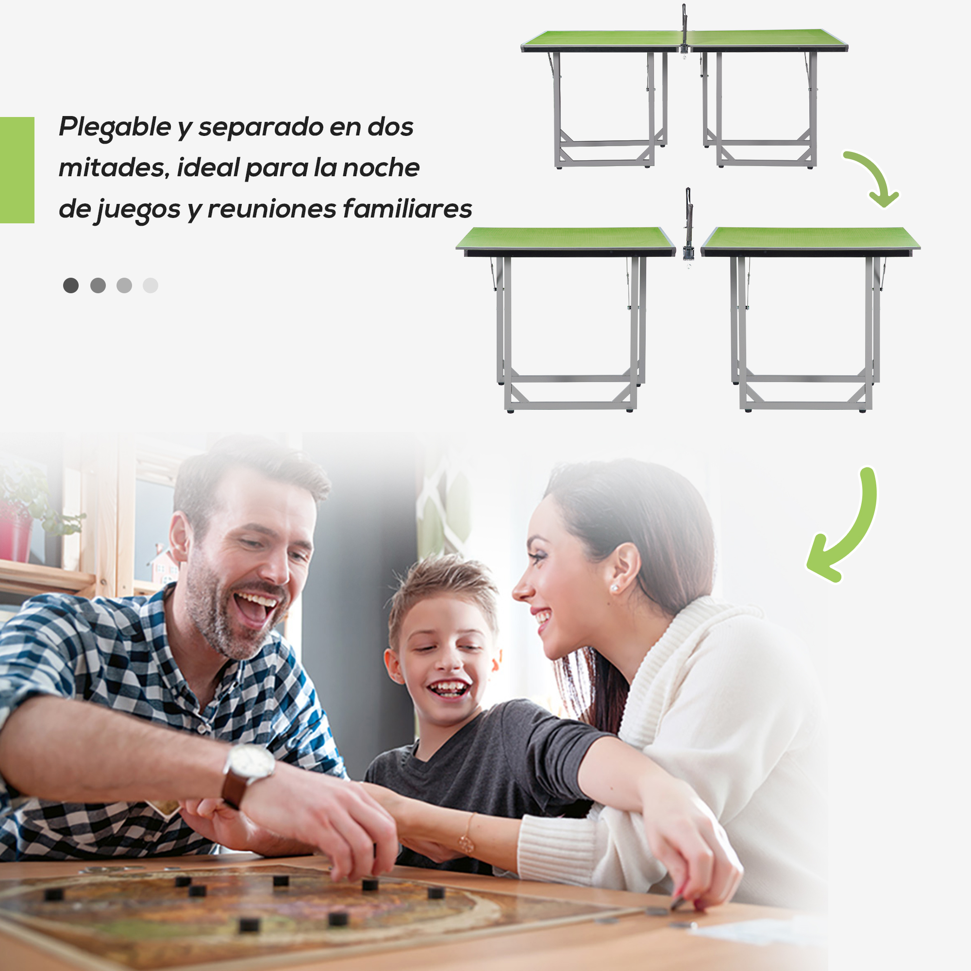 Familia jugando juego de mesa, dos mesas plegables al fondo.