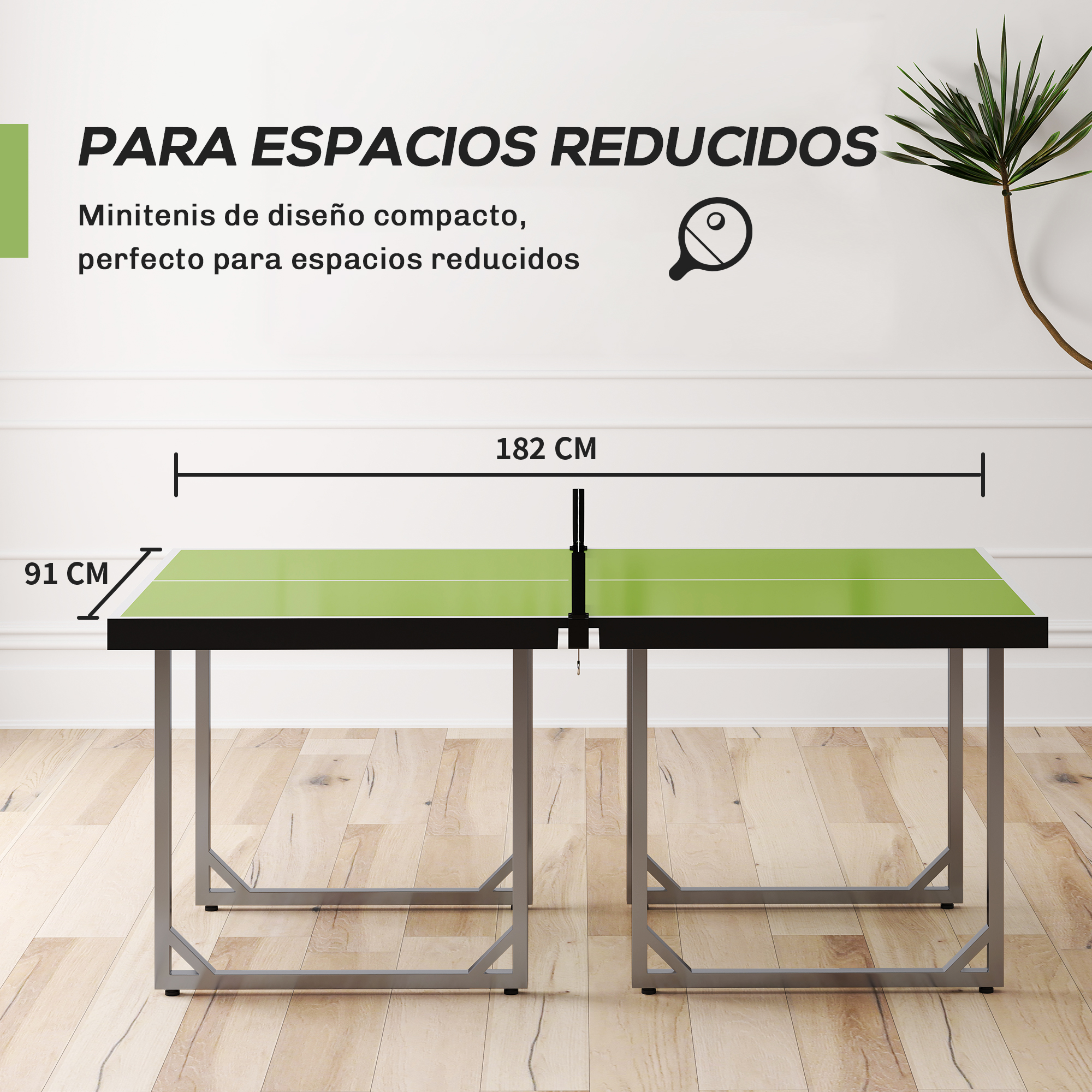 Mesa de ping pong verde con patas negras, 182 cm de largo, 91 cm de alto.
