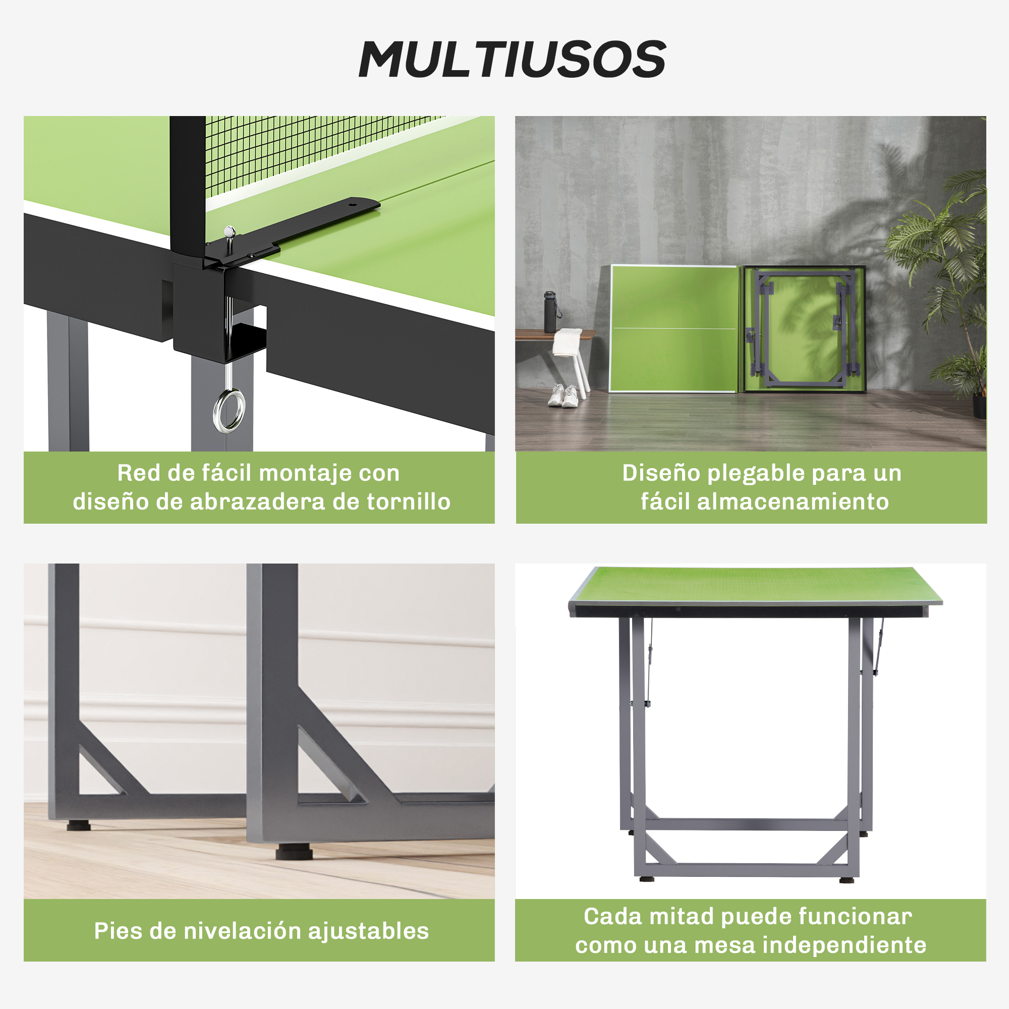 Mesa de ping pong plegable con red de abrazadera, diseño plegable, pies ajustables.