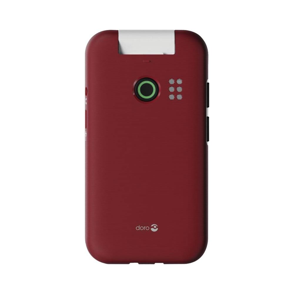 Ein rotes Doro-Telefon mit einem Kreis- und Punktmuster auf der Rückseite.