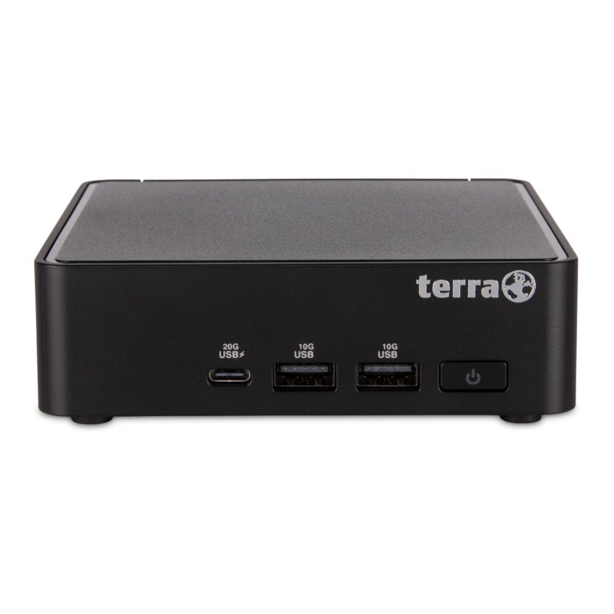Dispositivo Terra nero con porte USB e pulsante di accensione.