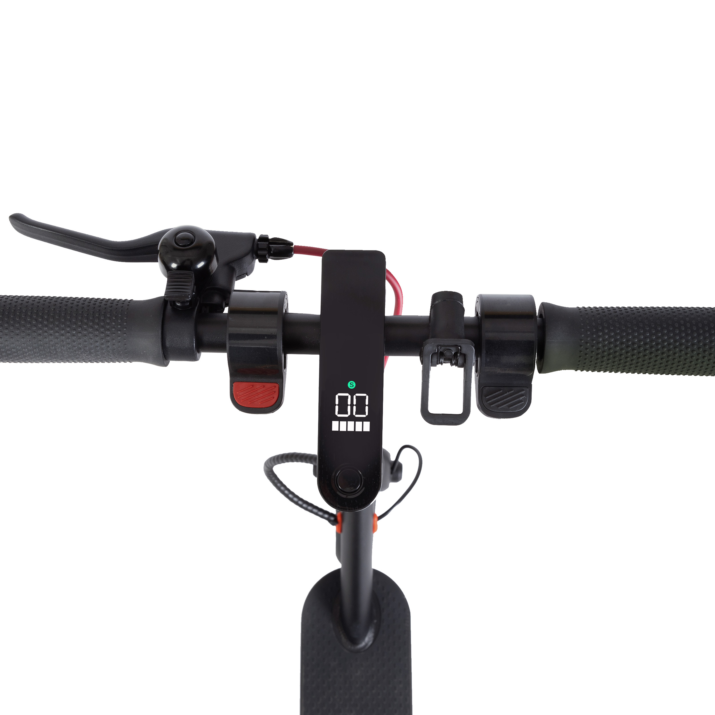 Lenker eines Elektrorollers mit Display, Bremshebel und Griffen.