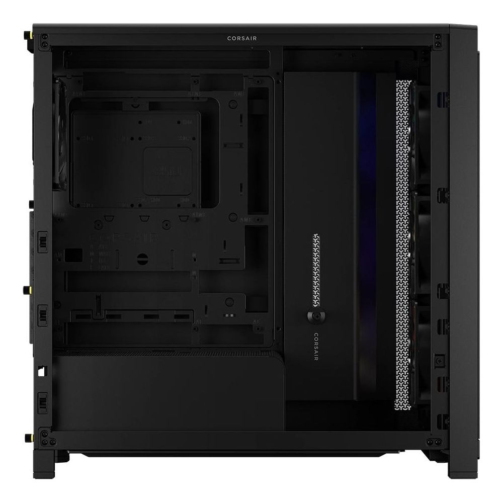 Caja de ordenador negra con ventiladores y puntos de montaje para componentes.