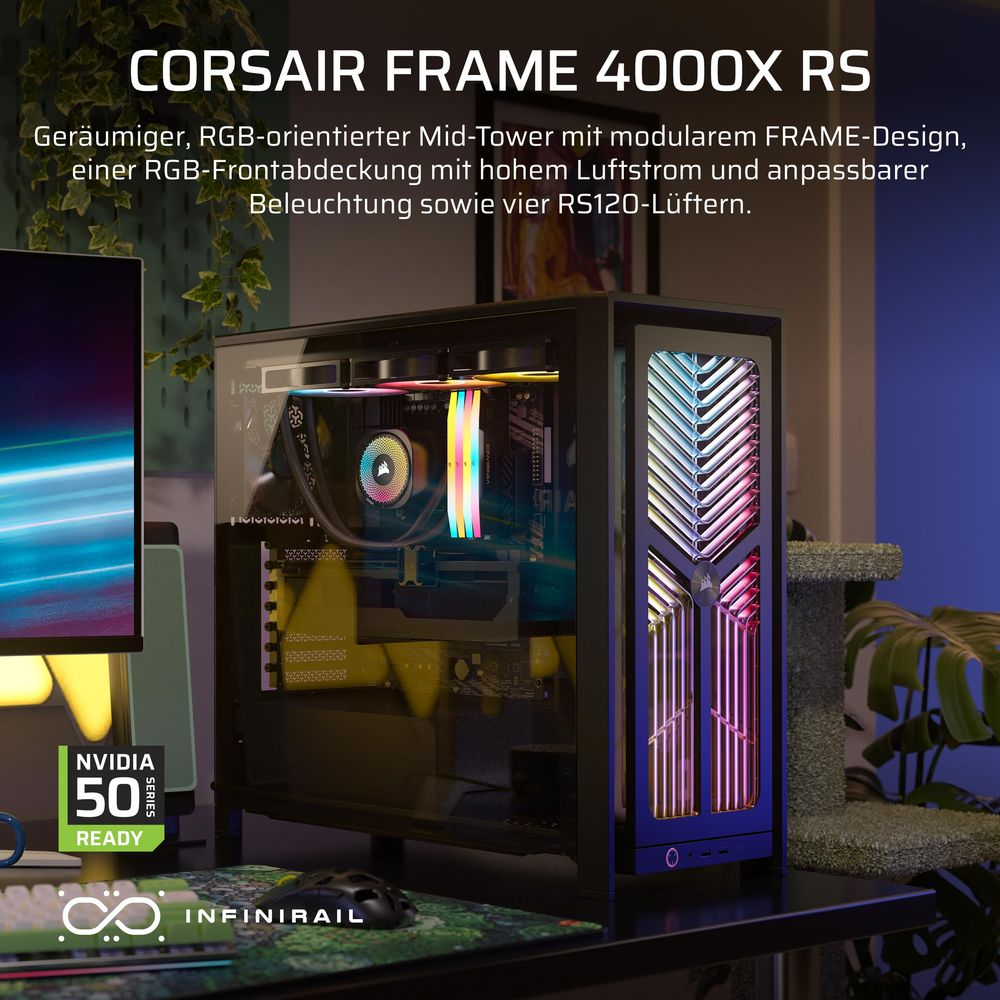 Caja de PC Corsair con ventiladores RGB y frontal de cristal. Sobre un escritorio.