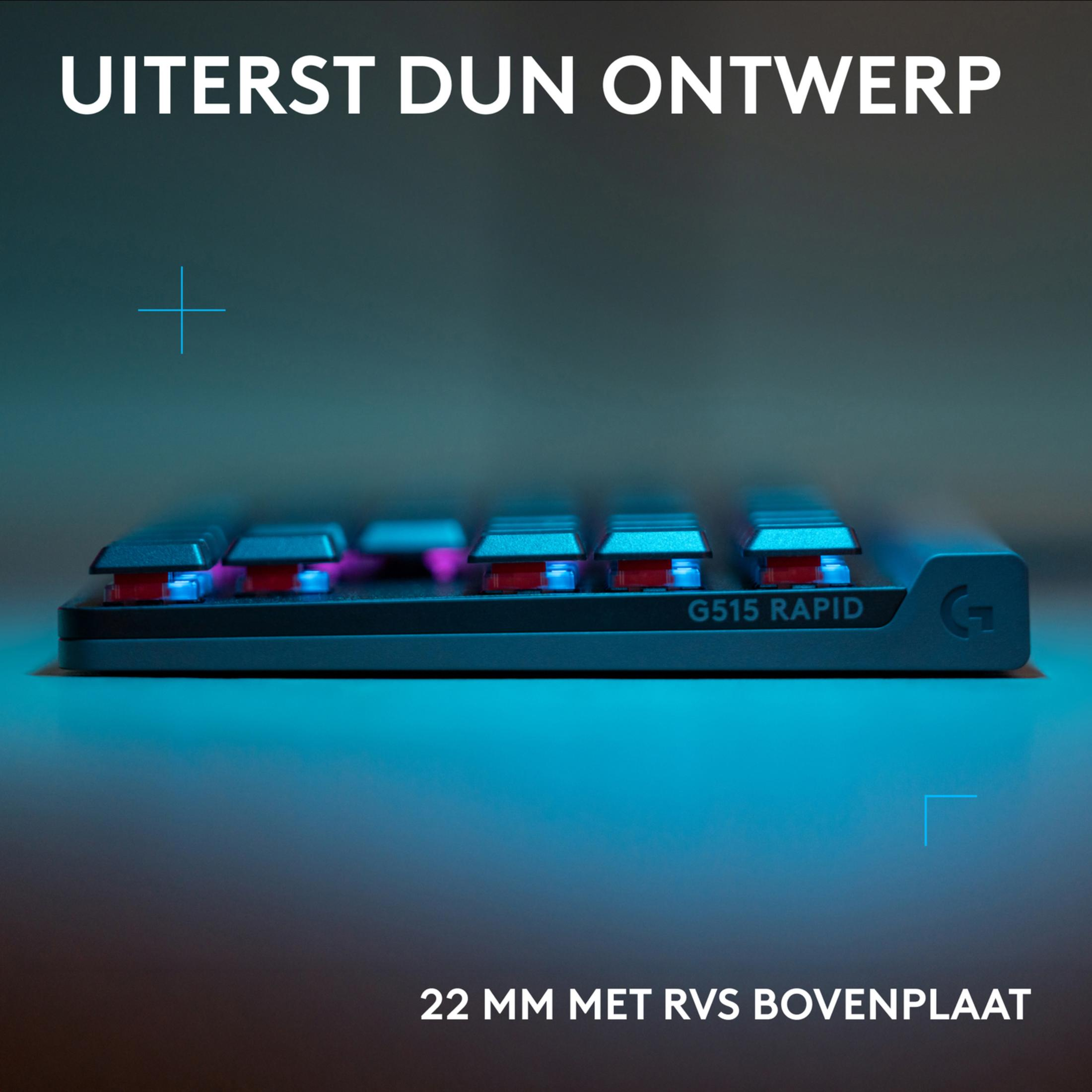 Primer plano de un teclado delgado con retroiluminación azul y rosa.