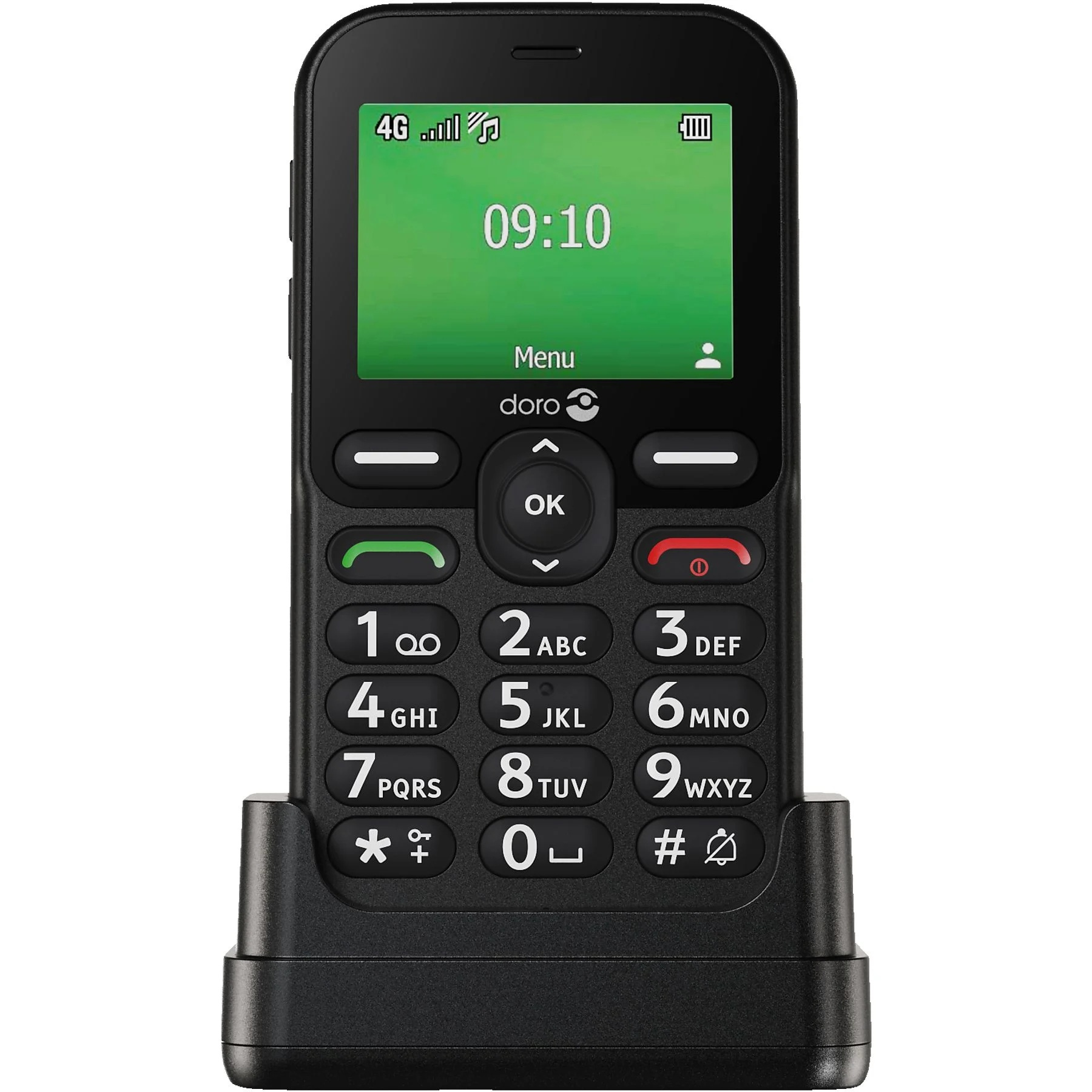 Un téléphone portable Doro noir avec station d'accueil. Affiche 09:10.