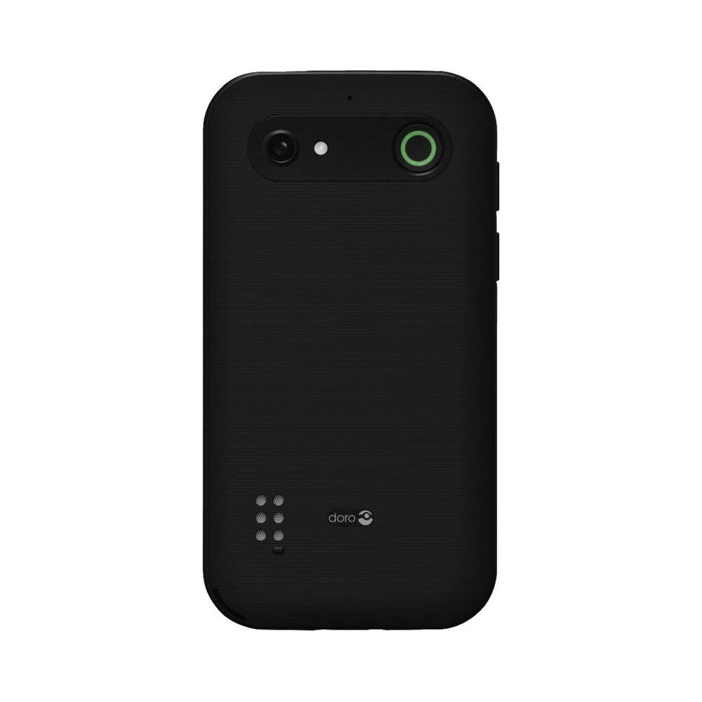 Smartphone noir avec appareil photo et flash en haut. Logo en bas.