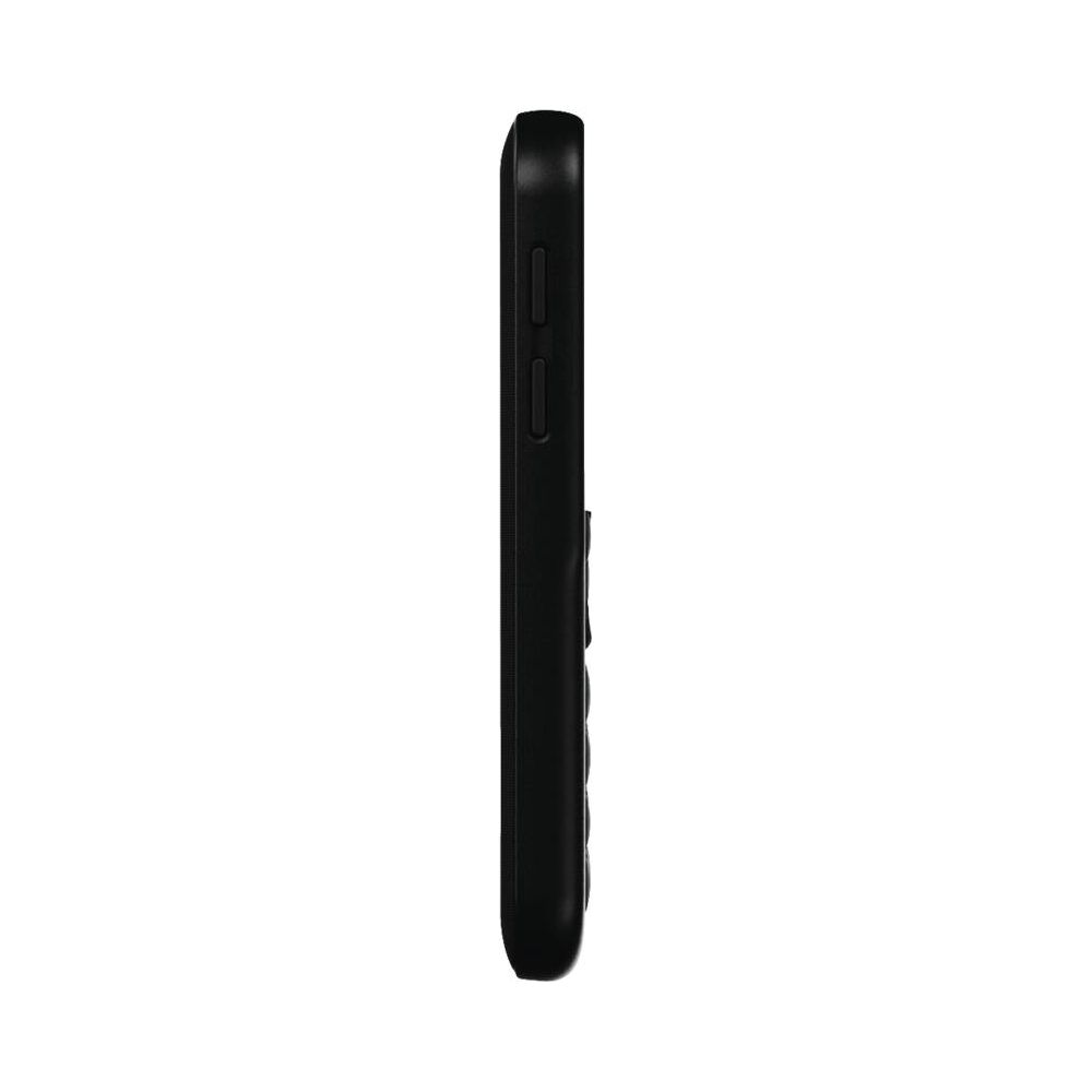 Téléphone portable noir sur fond blanc, vue latérale avec boutons.