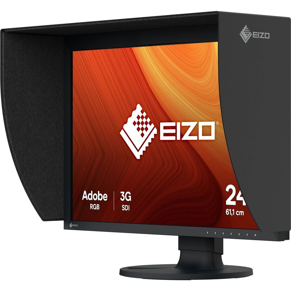 Un monitor EIZO nero con cappa, mostra Adobe RGB, 3G SDI e 24 pollici.