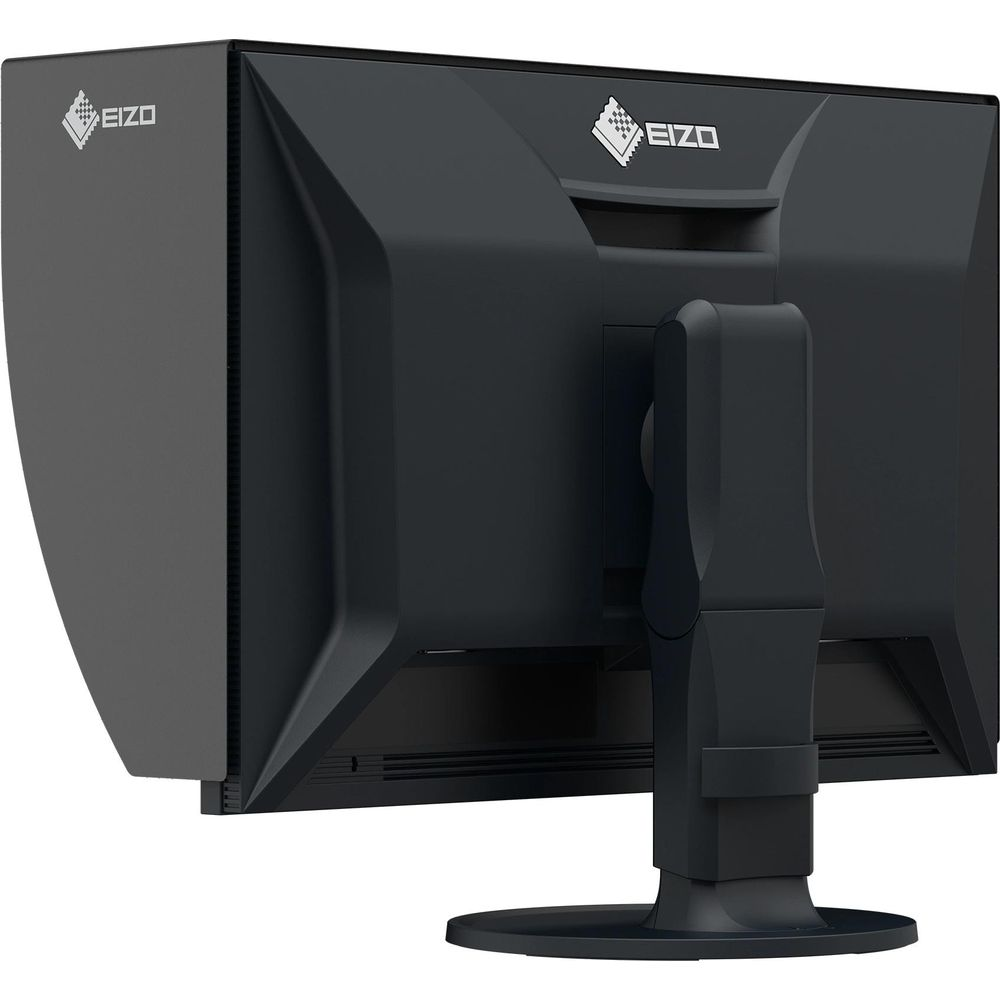 Monitor EIZO nero con paraluce, visto da dietro, su sfondo bianco.