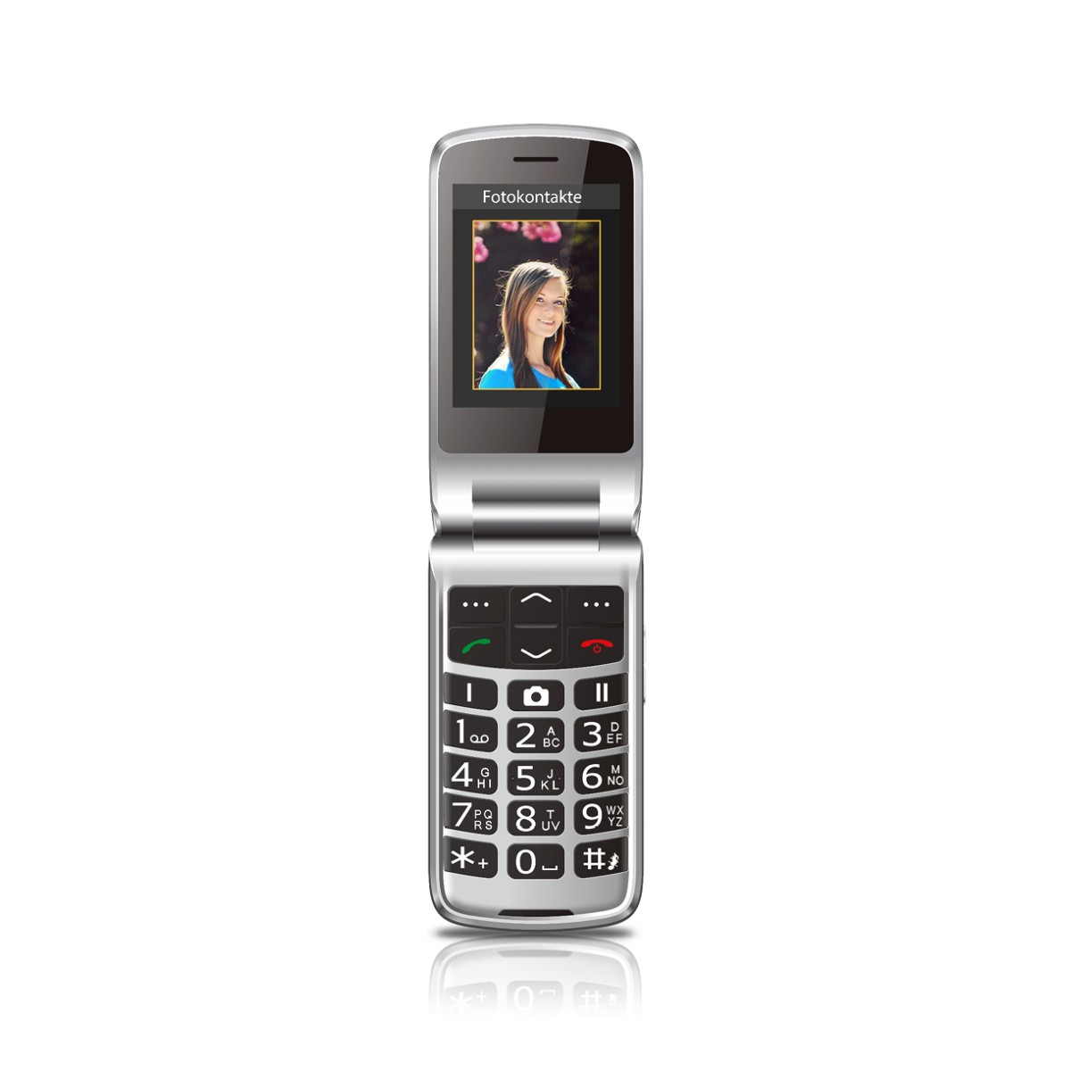 Un telefono flip argentato mostra la foto di una giovane donna e una tastiera.