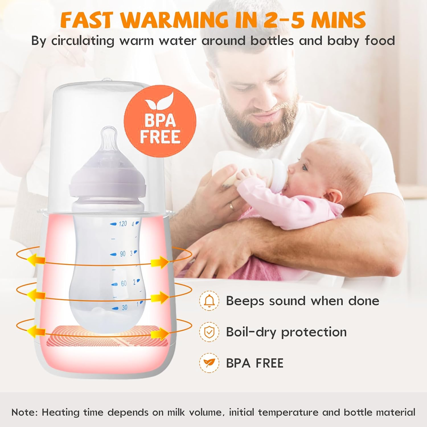Flaschenwärmer mit einem Vater, der ein Baby füttert. BPA-frei.