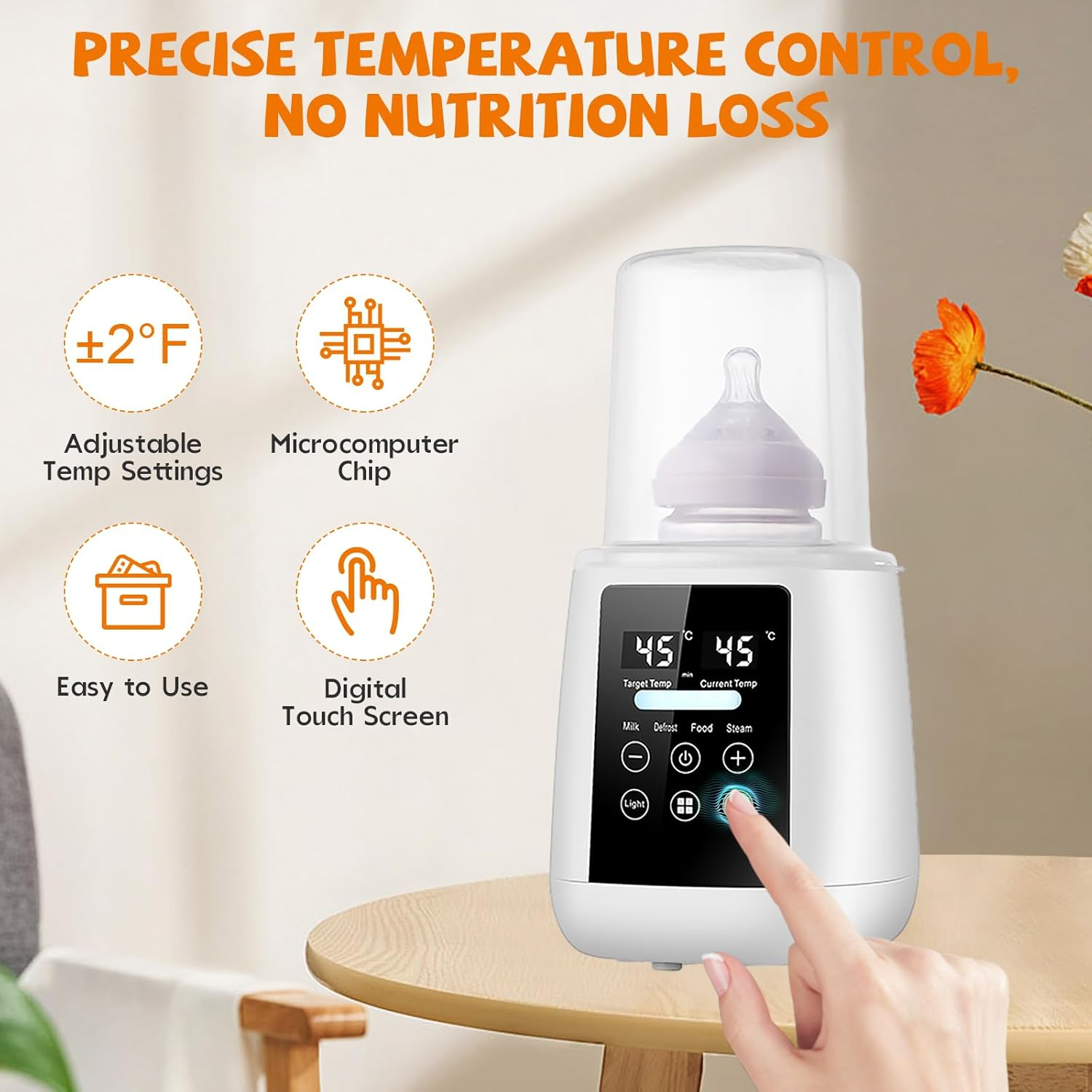 Weier Babyflaschenwrmer mit Digitalanzeige, Touch-Bedienung und Funktionssymbolen.