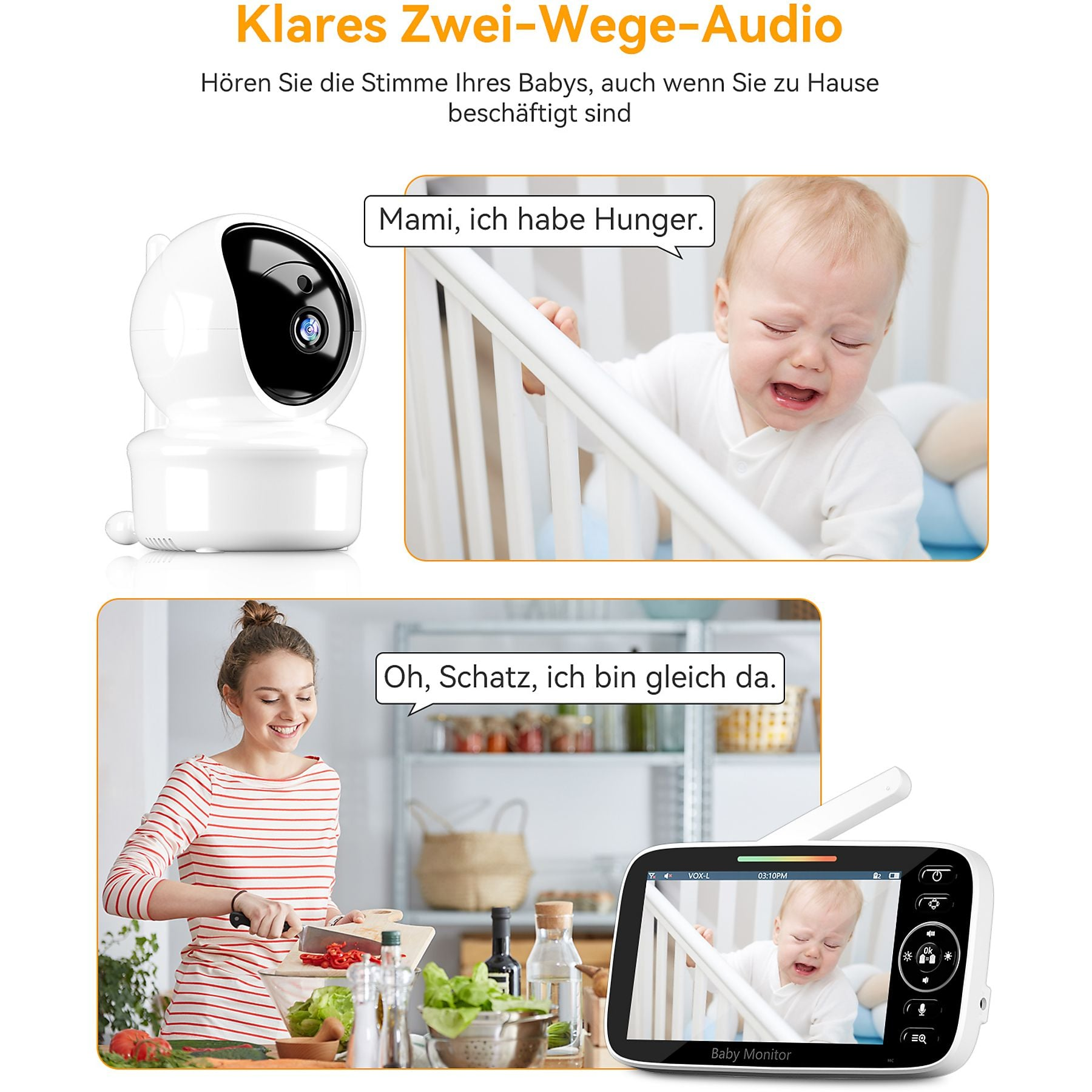 Baby monitor con telecamera mostra bambino che piange e madre che cucina. Audio bidirezionale.