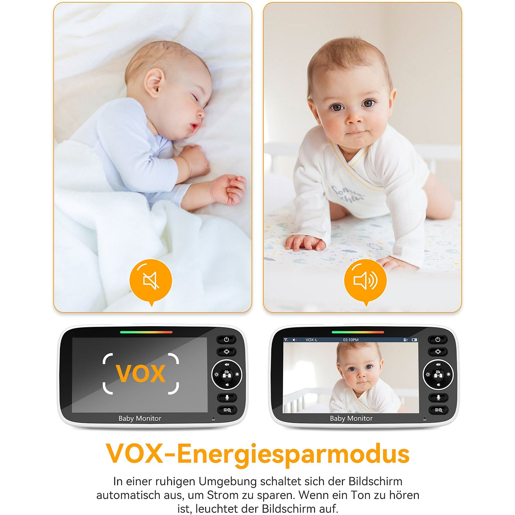 Due neonati, uno dorme, uno gattona, e schermi di baby monitor.