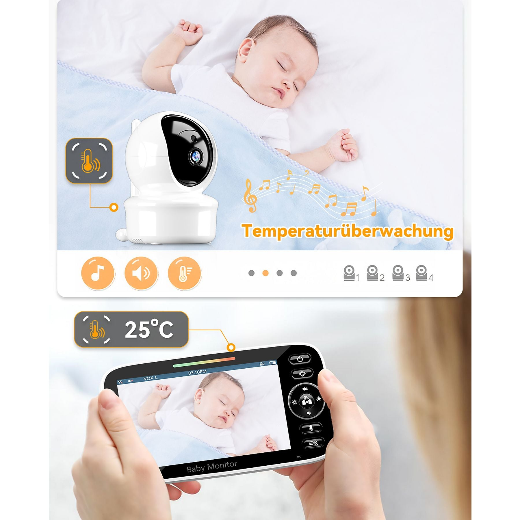Un bambino che dorme, una telecamera per bambini e uno schermo che mostra 25°C.