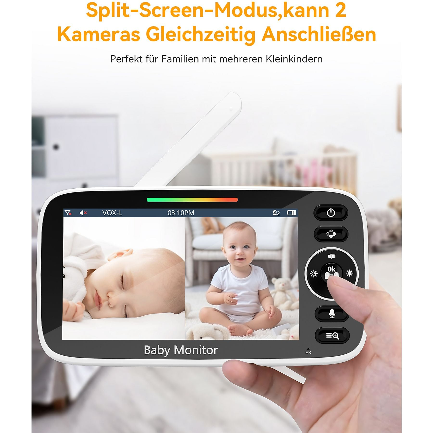 Baby monitor in modalità schermo diviso mostra un neonato addormentato e seduto.