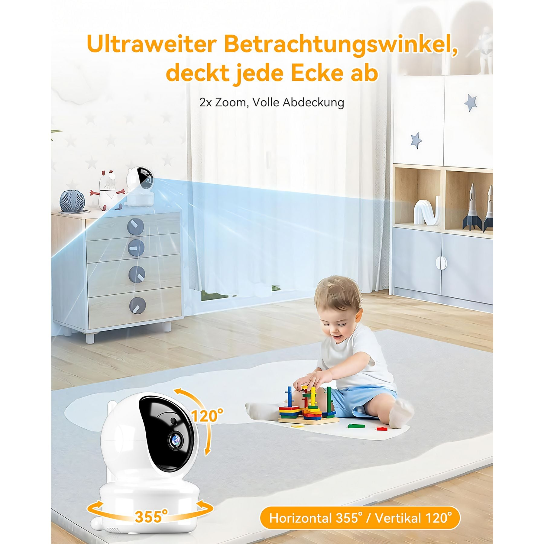 Un bambino gioca per terra, una telecamera sorveglia la stanza. 355° O, 120° V.