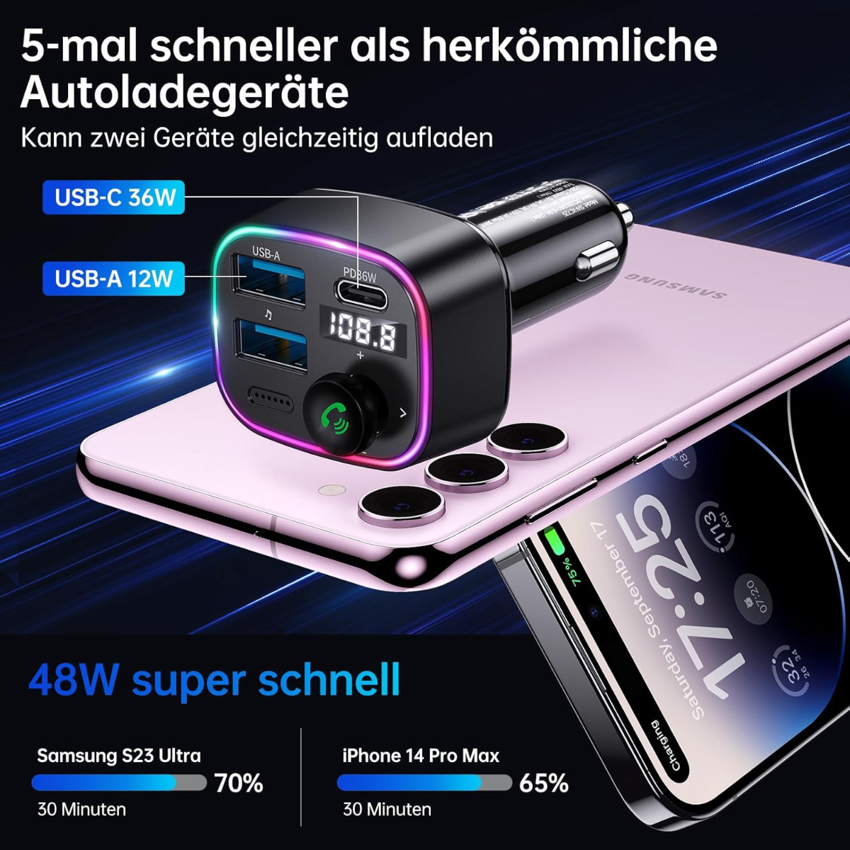 Un cargador de coche con varios puertos USB carga un Samsung S23 Ultra y un iPhone 14 Pro Max.