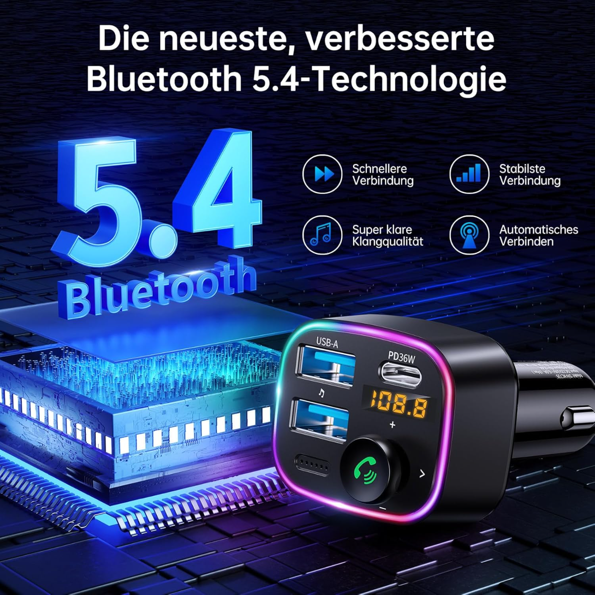 Dispositivo Bluetooth 5.4 con puertos USB y pantalla digital.