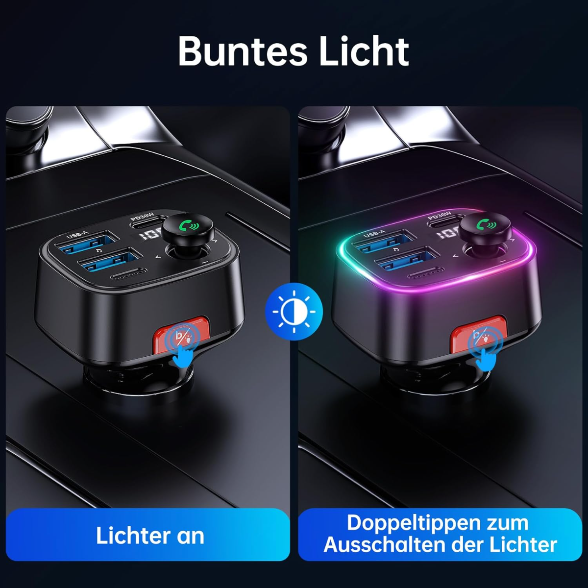 Un cargador de coche con luces de colores y dos puertos USB.