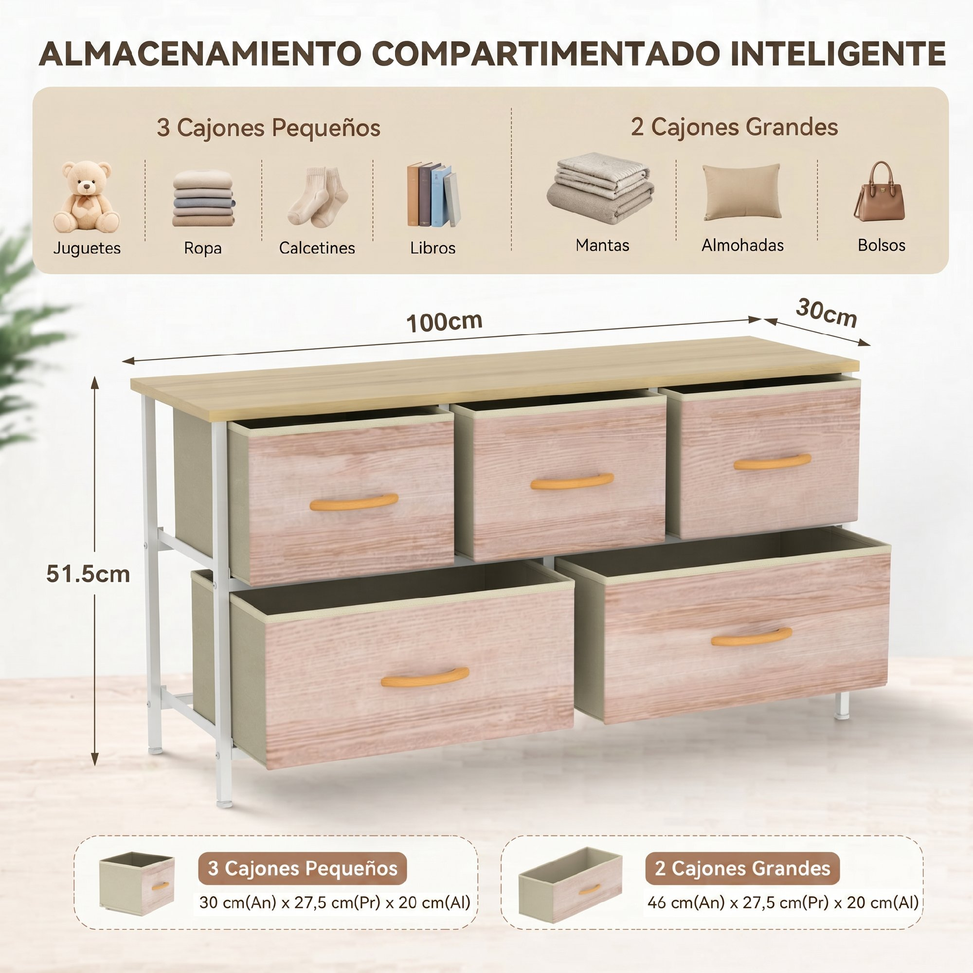 Cómoda de 5 cajones, mide 100x51,5x30cm. Muestra juguetes, ropa, libros, mantas, almohadas y bolsos.