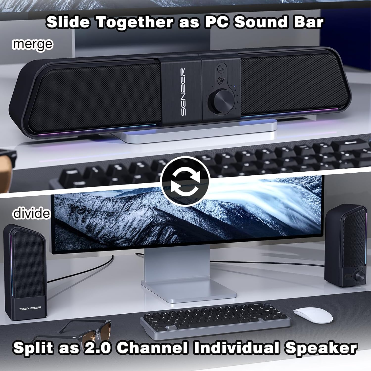 Schwarzer Lautsprecher, der als Soundbar oder zwei einzelne Lautsprecher verwendet werden kann.