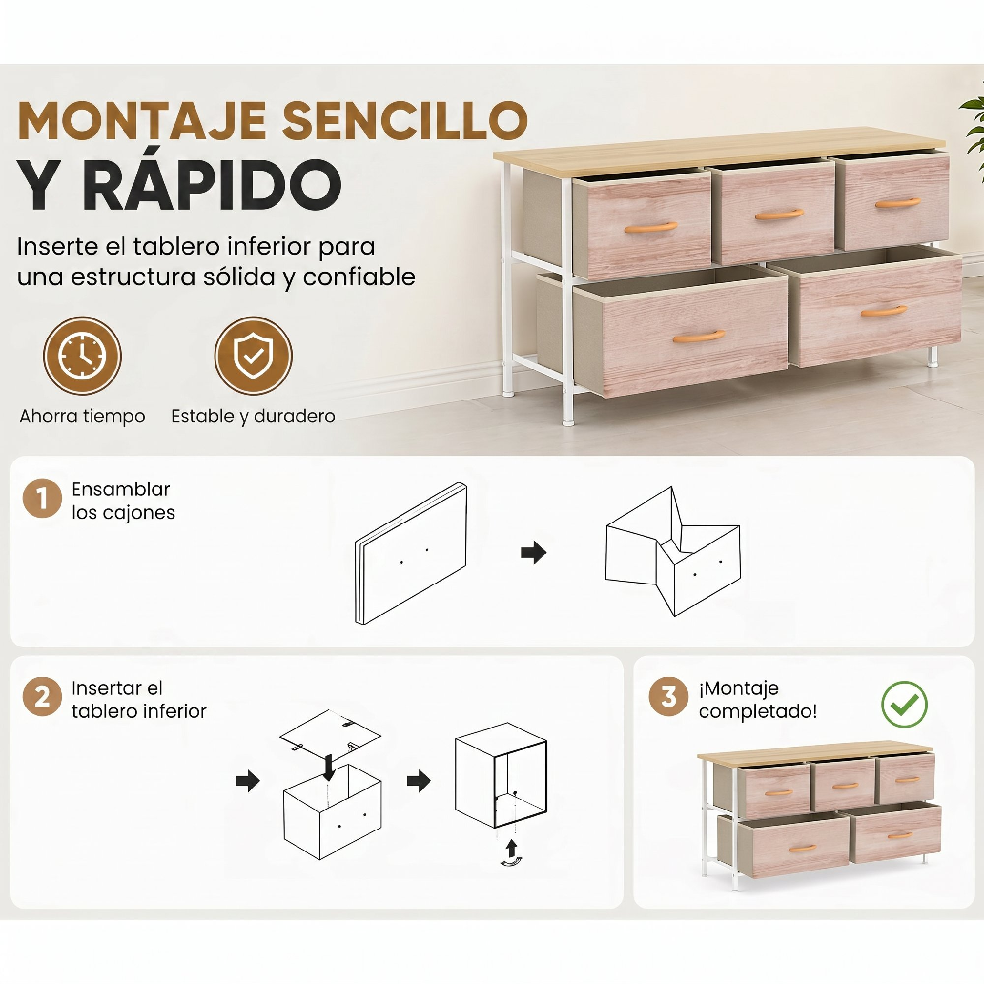 Guía de montaje para una cómoda con tapa de madera y cajones de tela.