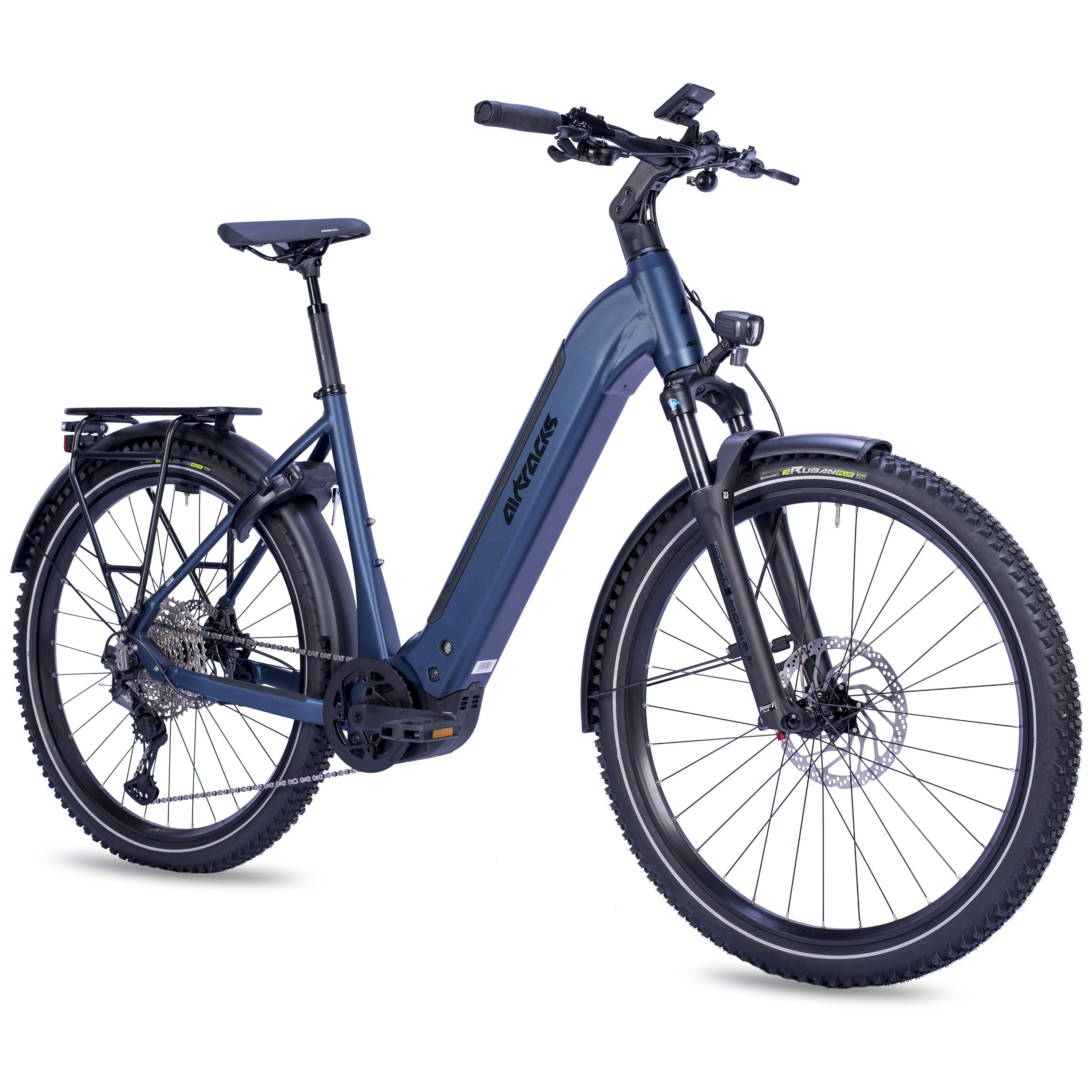 Dunkelblaues E-Bike mit Gepäckträger, breiten Reifen und Federgabel.