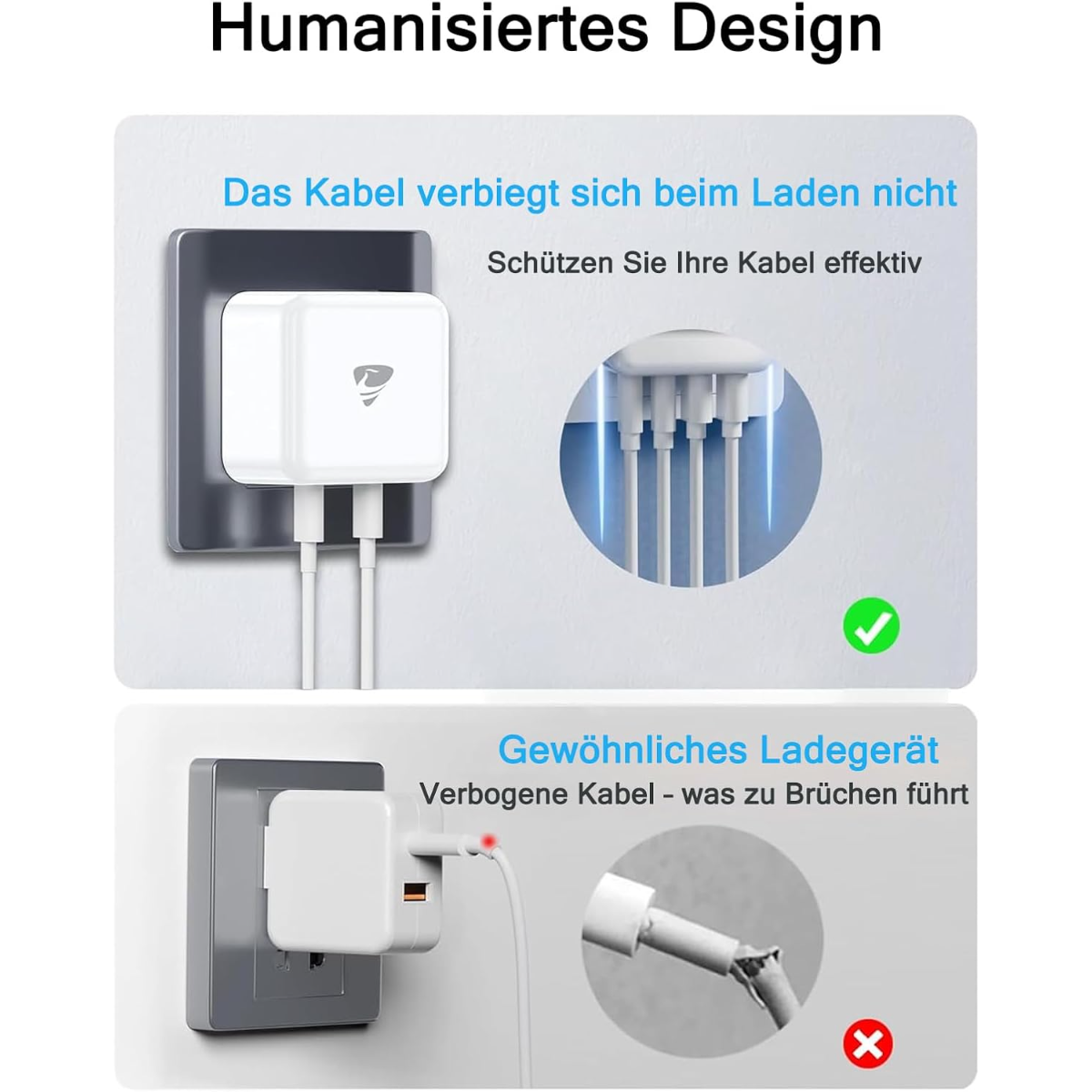 Oben: Weißer Ladestecker mit Kabeln, die sich nicht biegen. Unten: Gebrochenes Kabel.